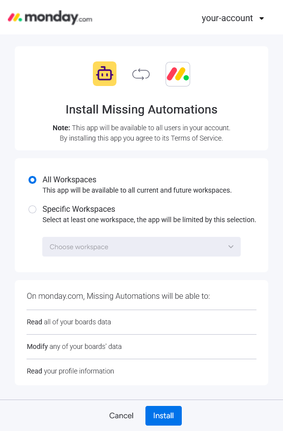 Screenshot showing the Missing Automations installation page (click to view full size)